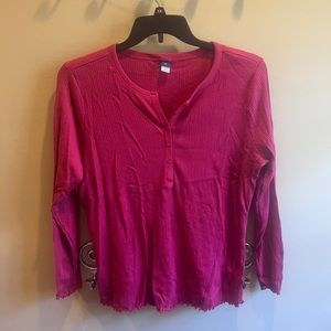 Magenta, Old Navy ruffle hem Henley.  Very stretchy and comfy.  2X.